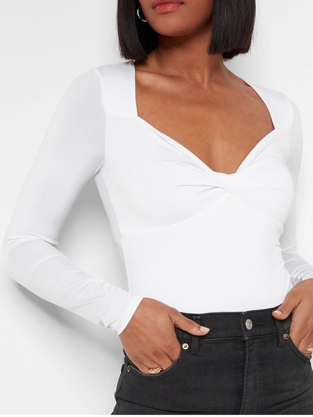 EXPRESS Body Contour Twist Front Long Sleeve Bodysuit White - XS